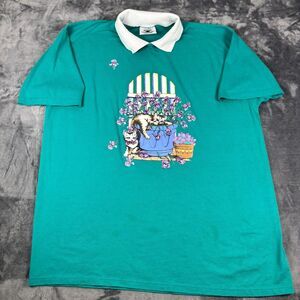 Vintage Gopher Sport‎ Polo Shirt XL USA Made Cat Floral Graphic Teal 90s